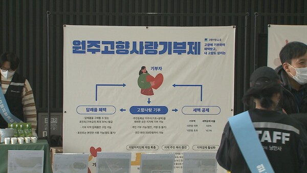 강원 혁신도시에 위치한 한 공공기관 사옥에서 원주시가 고향사랑기부제 홍보에 나서고 있다.